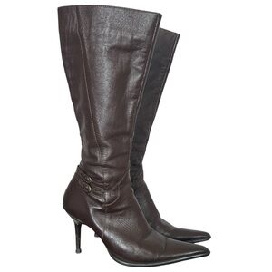 Y2K “Bosi” Brown Leather Stiletto Point Toe Heeled Buckle Boots